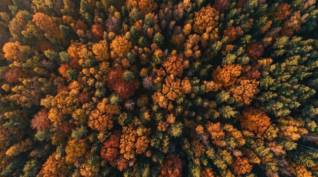 Aerial top down view of  autumn forest canopy with colorful trees and vibrant fall foliage