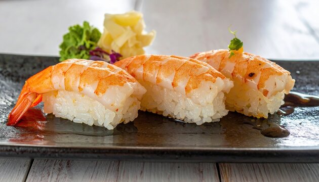 Row of fresh cooked ebi shrimp nigiri sushi