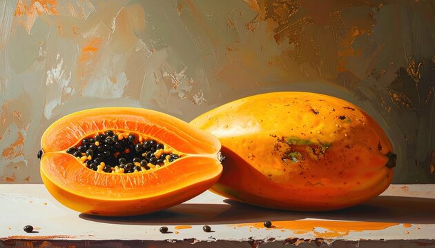 Whole papaya beside halved fruit showing bright orange flesh