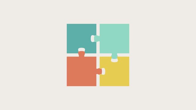 Four puzzle pieces joining and separating to form a square