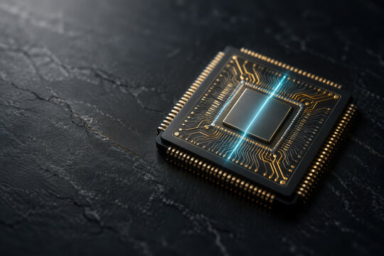 MRAM semiconductor microchip on dark slate surface with glowing cyan pulse illustrating energy-efficient spintronics memory and low-power data transfer for green tech reports