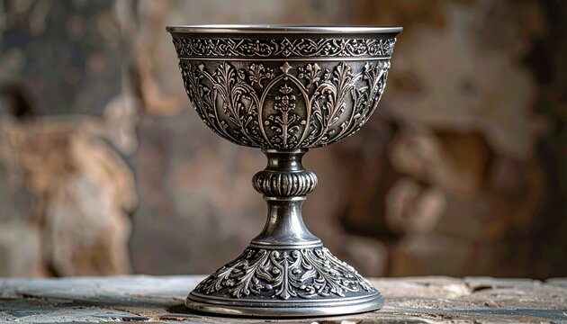 Ornate medieval silver chalice with gothic engravings