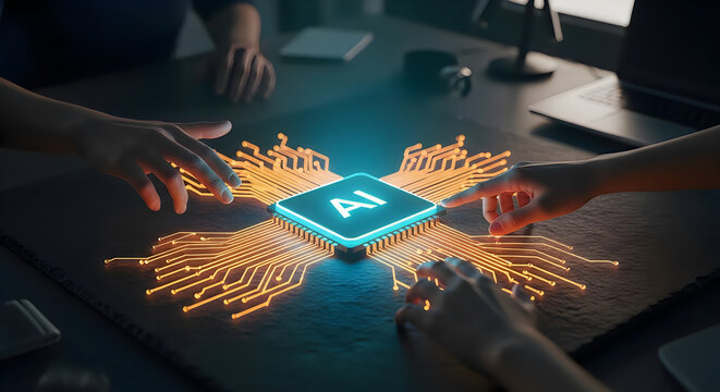 Abstract digital network connecting people with glowing data streams and technology