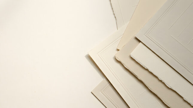 Elegant Pile of Cream Deckle Edge Paper and Embossed Cards for Luxury Wedding Stationery Mockup