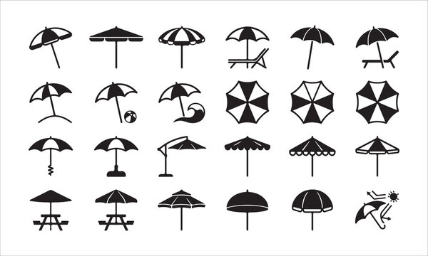 Sun umbrella vector set displaying different summer resort sunshade silhouette icons.