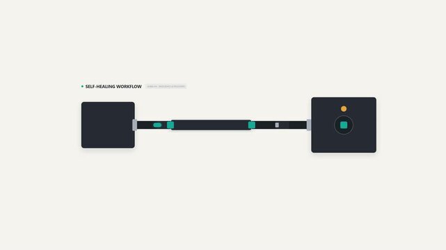 A minimalist motion graphic illustrating an automated workflow detecting a broken connection, repairing it with a modular bridge connector, and restoring normal data flow.