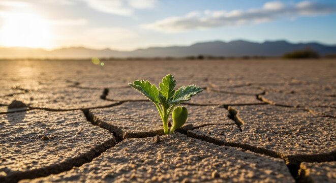 Small green plant sprouting from dry cracked soil.