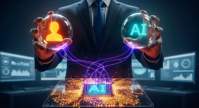 Man with glowing digital human heads representing artificial intelligence and technology