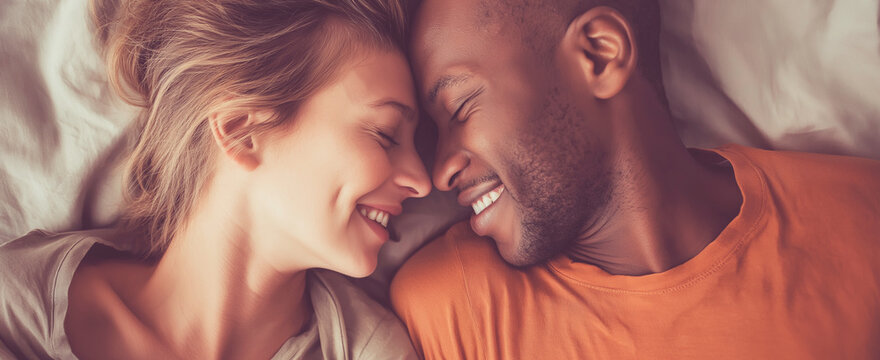 Joyful couple of different ethnicities are laying in bed, gently touching foreheads and sharing smiles to convey their deep love, bond, and closeness