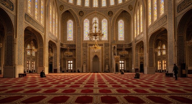 Grand interior of a majestic mosque with ornate architecture.