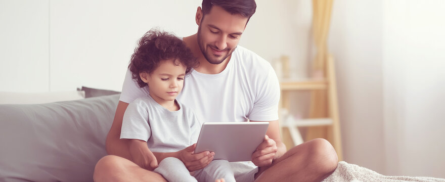 Dad and young child sitting on a bed, happily looking at a digital tablet together, fostering learning and connection at home