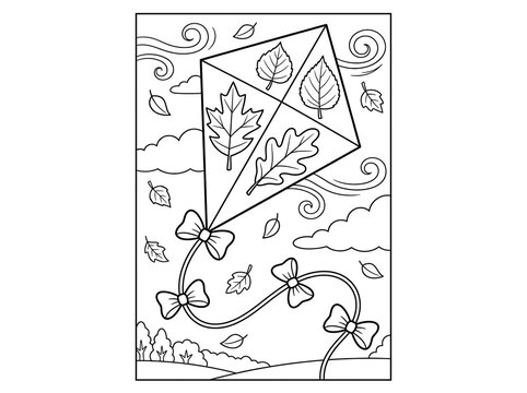 Autumn kite with falling leaves coloring page for kids to color and