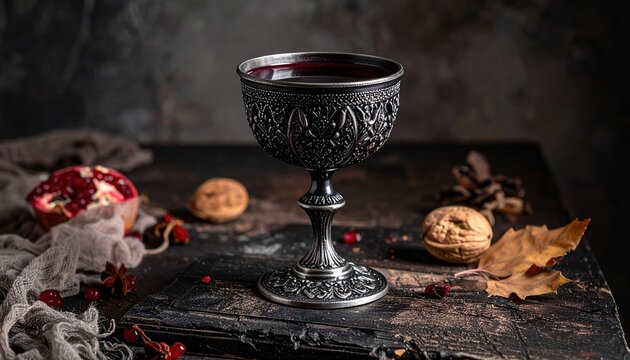 Gothic metal goblet filled with dark red beverage