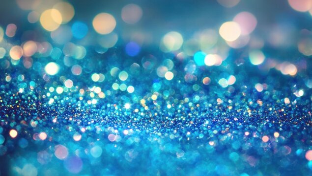 Abstract blue glitter background with soft bokeh light effects.