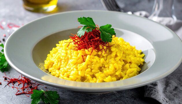 Classic saffron risotto alla Milanese garnished with fresh parsley