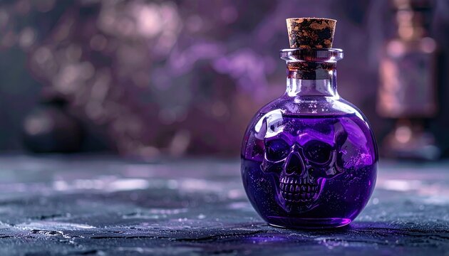 Gothic potion bottle with skull stopper and purple liquid