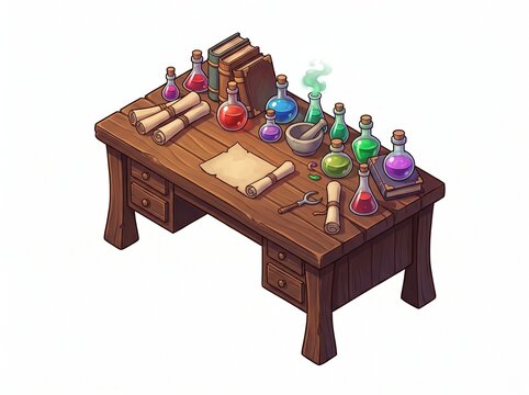 Alchemist Wooden Work Desk with Flasks Game Interior Prop