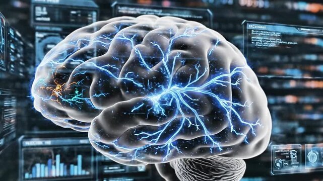 Human brain scan with glowing neural pathways and data.