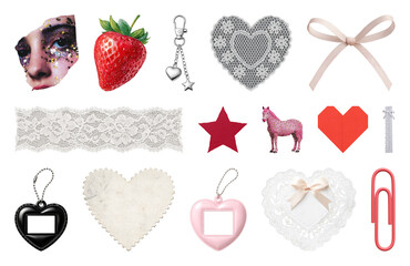 Obraz na płótnie Canvas PNG Eclectic collage elements: hearts, lace, charms, and more, transparent background