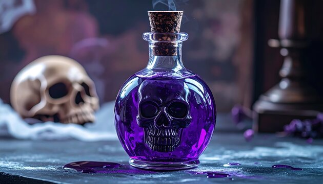 Gothic potion bottle with skull stopper and purple liquid