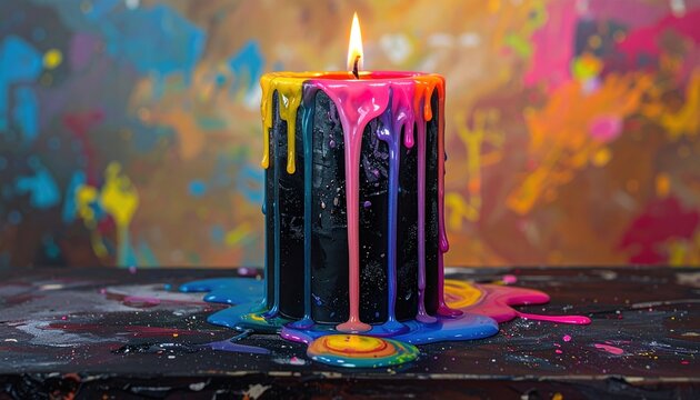 Lit black pillar candle with colorful melting wax drips