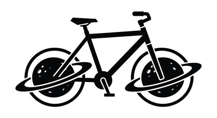 Silhouette of a bicycle with planetary rings around the wheels black on white © Askin