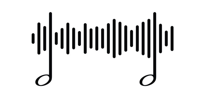 Musical notes surrounded by a rhythmic pattern of sound bars. Classical music notation and digital audio waveform. Musical notes stave. for staff and music key note theme. Treble, voice, wave.