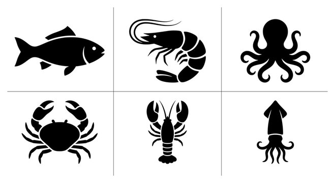 Seafood silhouettes set with fish, shrimp, octopus, crab, lobster and squid for menus and logos