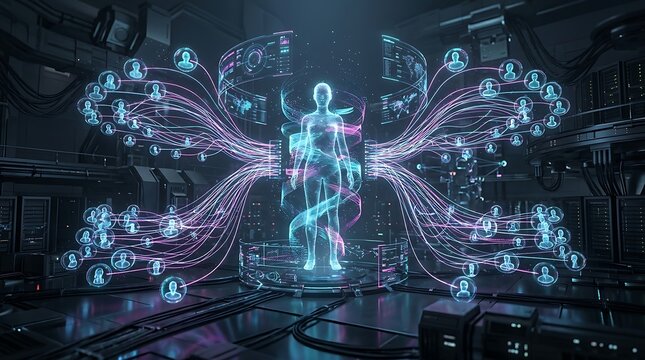 Glowing female silhouette avatar connects multiple user profile icons through vibrant fiber optic lines in dark high tech server room with holographic displays.