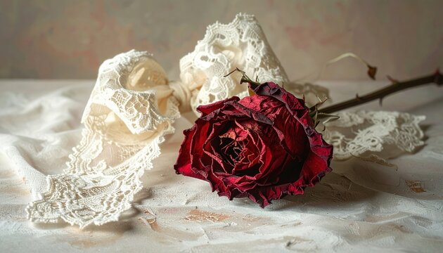 Dried red rose decorated with lace bow