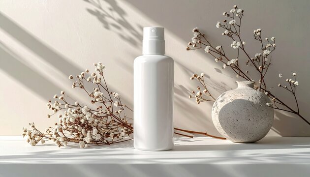 White plastic cosmetic bottle with blank label area and flip cap