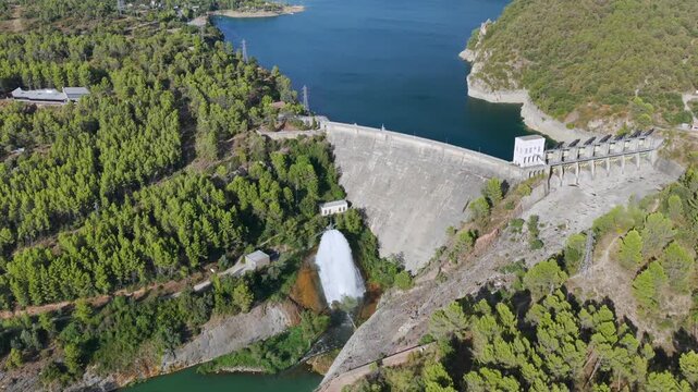 Aerial view of Talarn dam and low water levels at Panta de Sant Antoni reservoir in Spanish Pyrenees, Lleida, Spain