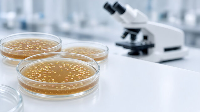 Petri dishes with bacterial cultures beside a laboratory microscope