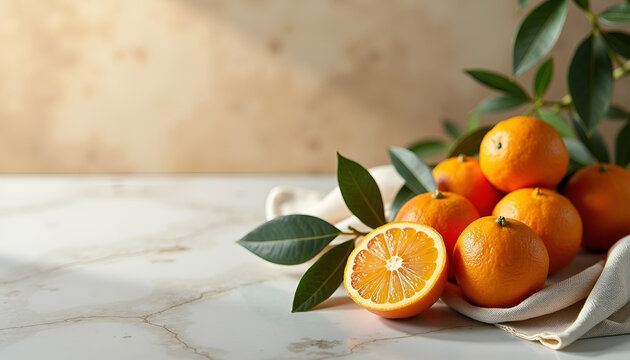 Fresh mandarins and orange slices with subtle green leaves on pale limestone in soft winter daylight, styled for seasonal food advertising
