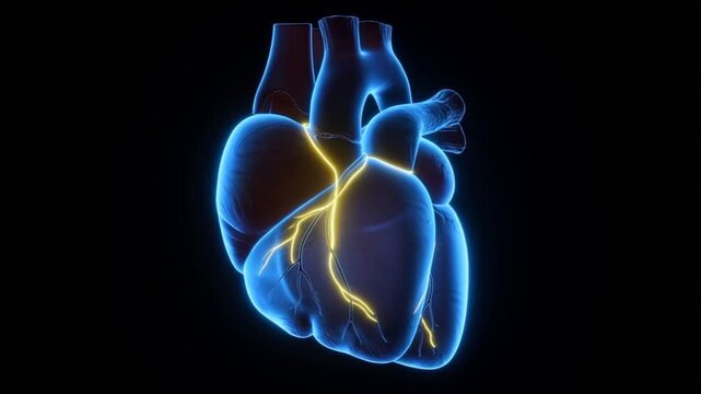 3D Medical Visualization of a Translucent Blue Human Heart with Glowing Electrical Conduction System