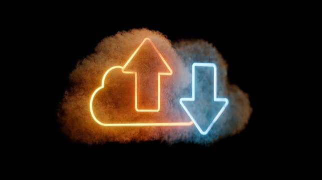 > Abstract cloud symbol with neon arrows depicting data transfer, representing growth and decline within digital systems