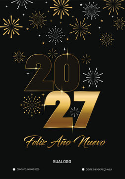 &iexcl;Feliz A&ntilde;o Nuevo 2027! Tarjeta de felicitaci&oacute;n de celebraci&oacute;n con fuegos artificiales y fondo abstracto.