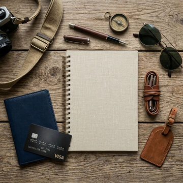 Travel essentials flat lay passport camera notebook sunglasses credit card compass pen luggage tag on rustic wood