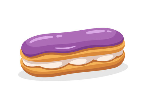 Ube Eclair Pastry Flat Vector Illustration Isolated on White Background
