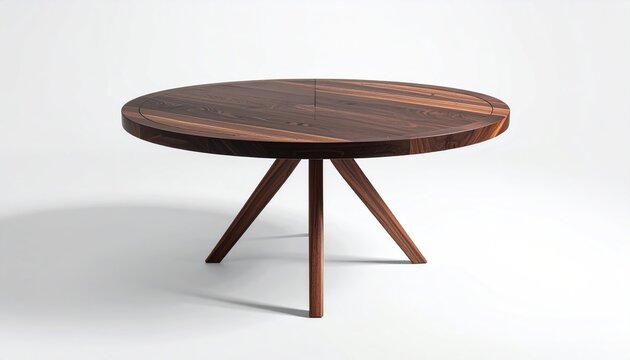 Circular wooden tabletop with three tapered legs on a white background