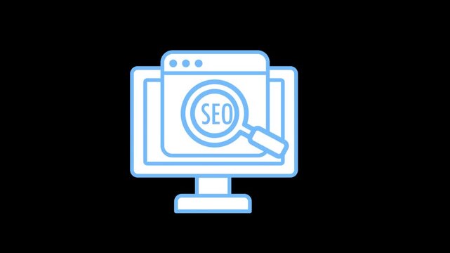 Search engine optimization SEO icon animation on transparent background showing magnifying glass inspecting computer monitor. Digital ranking analytics, online web traffic, and marketing concept.