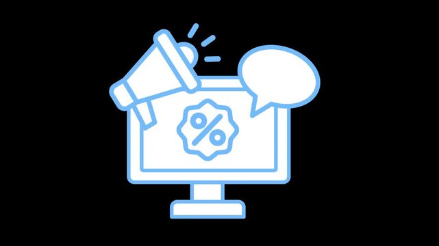 Digital marketing icon animation on transparent background showing computer monitor with a discount tag and megaphone. Online commercial sales advertising, e-commerce promotion, and media concept.