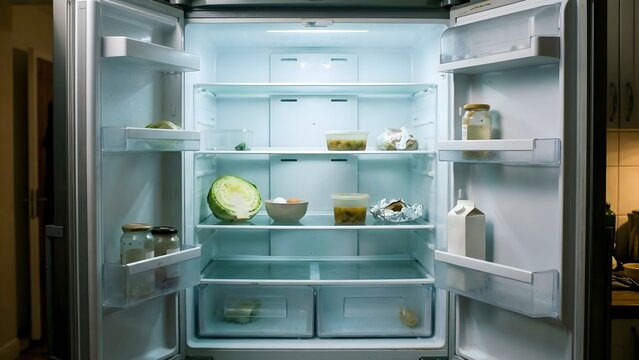 An Empty Refrigerator Featuring Only Minimal Leftover Food Containers and Fresh Vegetables Inside a Brightly Lit Modern Kitchen Interior Setting