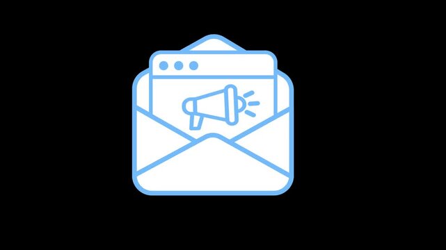 Email marketing icon animation on transparent background showing open mail envelope with website window and megaphone. Digital newsletter campaign, online subscriber promotion, and media concept.