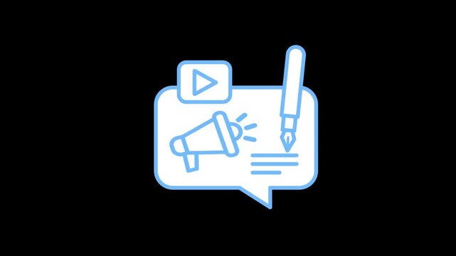 Content marketing icon animation on transparent background showing speech bubble with multimedia play button, pen, and megaphone. Digital storytelling creation, copywriting, and media idea concept.