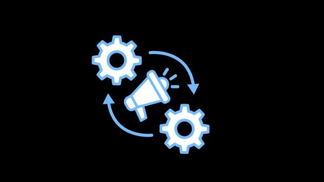Marketing automation icon animation on transparent background showing rotating gears with arrows and megaphone. Automated workflow optimization, digital campaign efficiency, and media concept idea.
