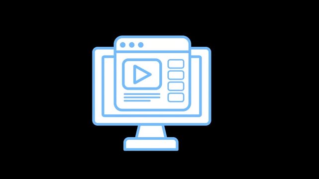 Landing page icon animation on transparent background showing computer monitor displaying website layout with media player. Web design conversion rate optimization, interface, and marketing idea.