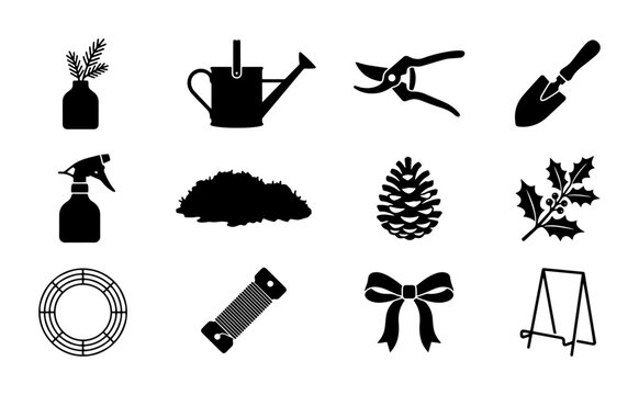 Gardening Icons Set, Plant Care Tools, Holiday Decor Elements, Vector Graphics