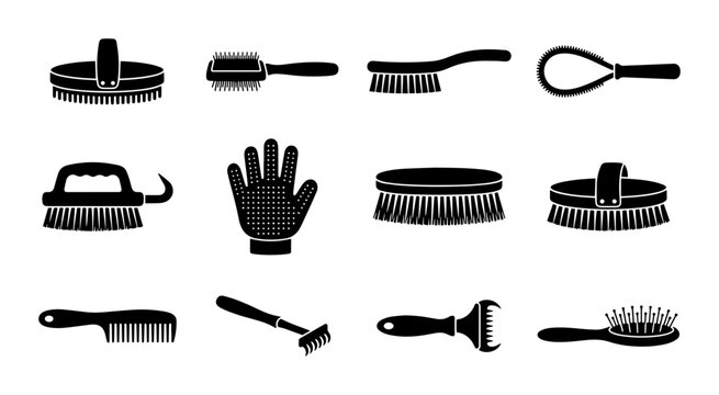 Grooming Tools Set, Pet Brushes, Combs, Gloves, Vector Icons