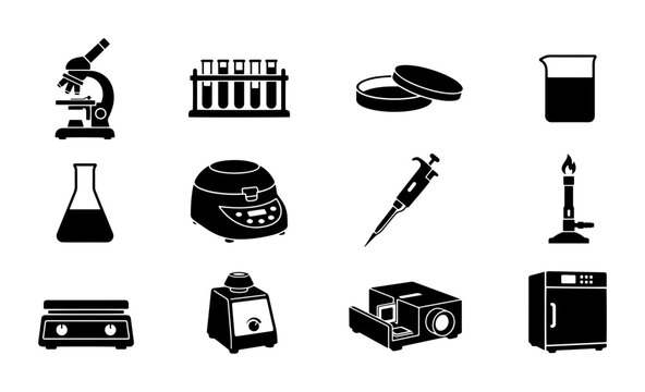 Science Lab Equipment Icons, Medical Research Vector Set, Chemistry Tools Collection